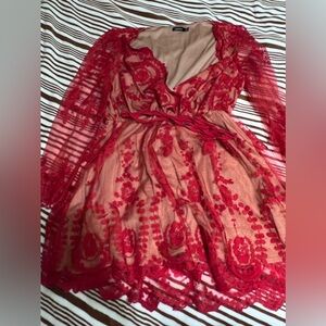 Boohoo red sheer dress with tan underlay